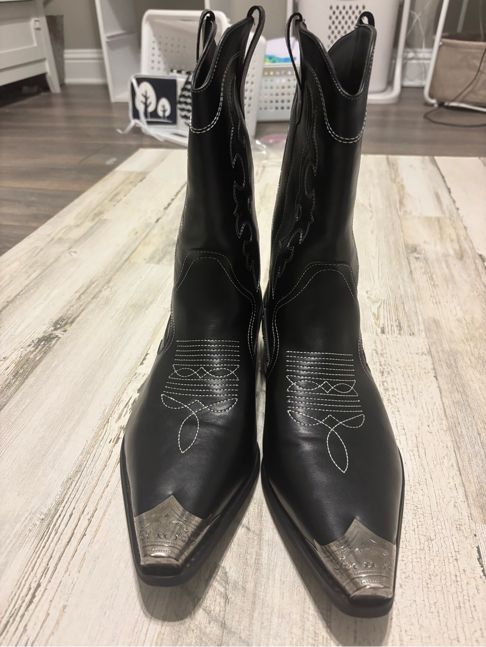Men's Size 14 Black Western Cowboy Boots Silver Toe Cap